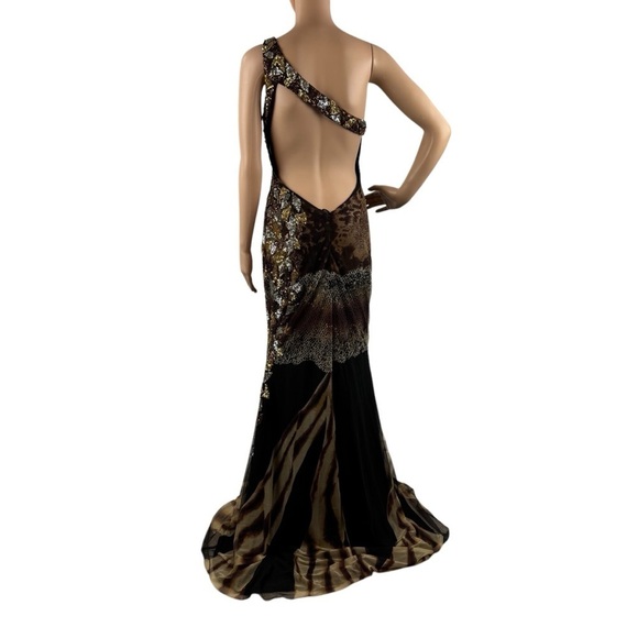 Cassandra Stone by Mac Duggal One Shoulder Gown 6 Animal Print Sequin Beaded - Picture 8 of 12